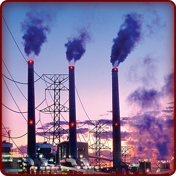 Power plants produce many kinds of pollution, including carbon dioxide, mercury, and sulfur dioxide.